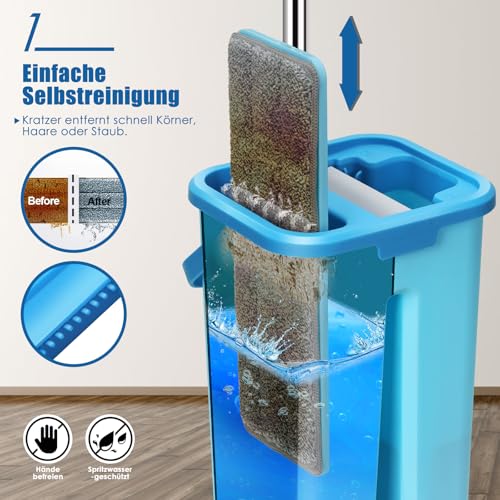 Myiosus Wischmopp Set mit Eimer, Bodenwischer, 2 in 1 Putzeimer mit Wischmop, Flachmopp mit 132cm Edelstahlstil, 360° Drehbarer Wischmopp mit Auswringfunktion für Alle Bodentypen-3X Mikrofaser Pads – Bild 3