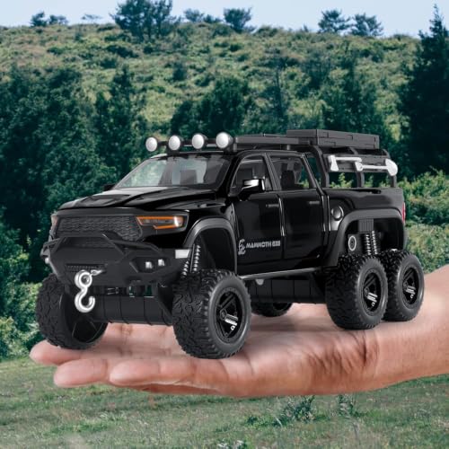 Image of RAM Mammoth Pick-Up Model Car 1:32 Exclusive Alloy Metal Pull Back Die-cast Car Die-cast Metal Pullback Toy car with Openable Doors & Light Music, Black Six Wheel