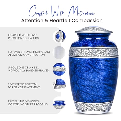 Image of Hand-Engraved Blue Urn for Ashes Adult Male & Female with Velvet Bag & Medallion | Blue Marble Finish Metal Cremation Urns for Human Ashes Adult Man | Elegant Burial & Funeral Urn, Large, 220lbs