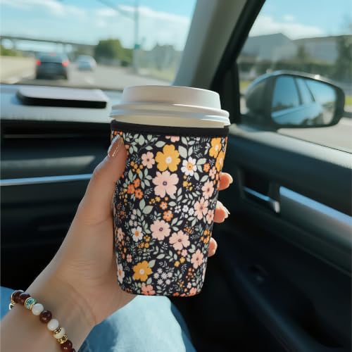 Image of Reusable Insulated Sleeve for Iced Coffee Cup, Coffee Neoprene Sleeve for Cold & Hot Drinks, Beverage Holder for Iced Coffee (Midnight Daisies, Medium: 22-24oz)