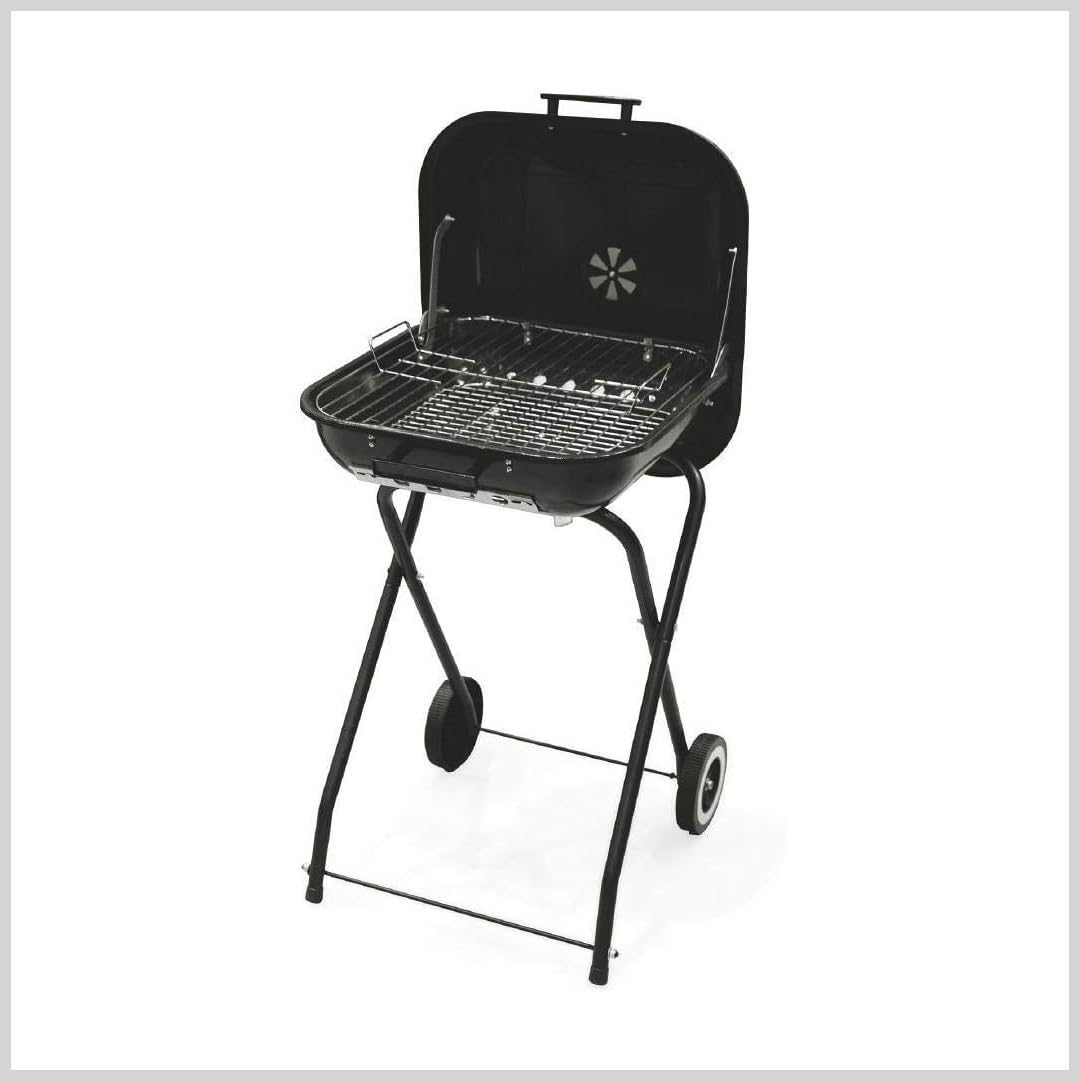 Barbeque BBQ Grill a Carbone Carbonella Quadrato con Coperchio e Sfiato Presa Aria Ruote Metallo Ripiano 2 Griglie Giardino Multifunzione Terrazzo Campeggio Trasportabile 49x47x83h cm