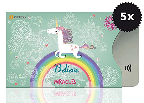 OPTEXX Lot de 5 coques de protection RFID certifiées TÜV et Licorne pour carte de crédit Carte bancaire Carte bancaire Carte bancaire Carte bancaire Carte bancaire Empêche de blocage de puce radio