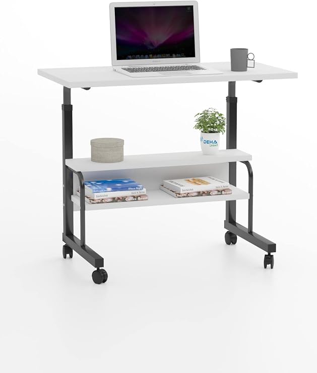 80x40 Height Adjustable Shelf Locking Wheel Portable Laptop Stand and Desk White