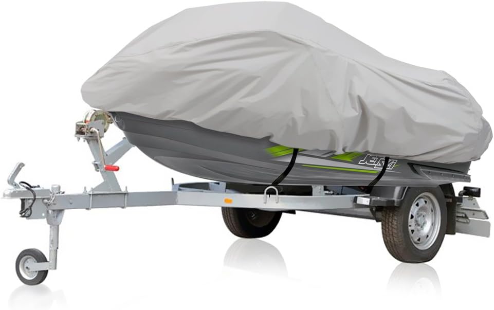 Pyle Waterproof Heavy Duty Jet ski Cover – 139’’ – 145’’ Inch Resistant Watercraft Storage Cover with Adjustable Strap & Elastic Cord for Tight Custom Fit – Marine Grade Protection PCVJS14 , Gray Pyle Waterproof Heavy Duty Jet ski Cover – 139’’ – 145’’ Inch Resistant Watercraft Storage Cover with Adjustable Strap & Elastic Cord for Tight Custom Fit – Marine Grade Protection PCVJS14 , Gray