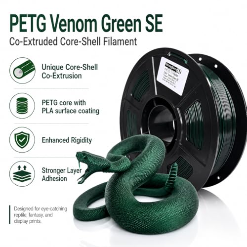 Image of PETG Filament 1.75mm, Venom Green SE, Dark Green Black Shadow 3D Printer Filament, Co-Extruded Core-Shell PETG with PLA Coating, Strong Glossy Filament for Dragons and Reptile Models,1kg