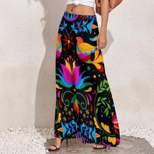 VOSERY Mexican Flower Traditional1 Palazzo Pants for Women, Comfy Womens Wide Leg Baggy Pants, Casual Lounge Pants for Women2