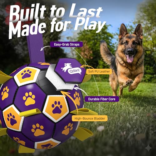 Image of QDAN Extra Large Dog Toy Soccer Ball, Durable Dog Balls with Straps, 9 Inch | Herding Ball for Dogs Large, Interactive Dog Toys for Tug of War, Outside Water Toy, Training Soccer Balls >90 lbs Dogs