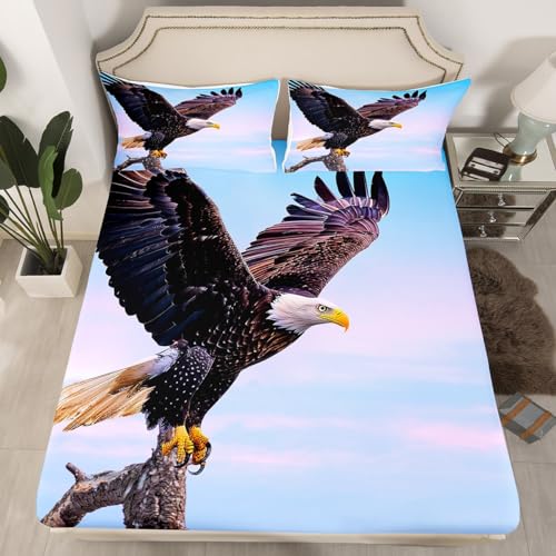 Manfei Eagle Fitted Sheet Flying Eagle on The Tree Stump Print Bedding Set 2pcs for Kids Boys Animal Theme Sheet Set Microfiber Bed Sheet Set (1 Fitted Sheet + 1 Pillow Case) Twin Size