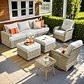 ovios 8 Piece Patio Sectional Furniture with Swivel Rocking Chairs, Rattan Wicker Coversation Set with Glowing Coffee Table, Outdoor Sofa Set for Outside Porch Balcony Backyard Pool, Light Grey