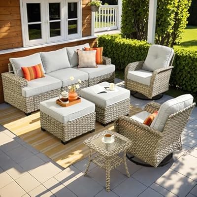 ovios 8 Piece Patio Sectional Furniture with Swivel Rocking Chairs, Rattan Wicker Coversation Set with Glowing Coffee Table, Outdoor Sofa Set for Outside Porch Balcony Backyard Pool, Light Grey