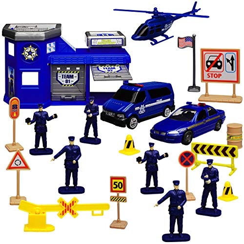 20 TLG. Set: Metall Polizei Station mit Fahrzeugen und Zubehör 1/43