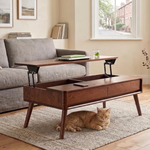 Solid Oak Wood Lift Top Coffee Table for Living Room, Mid Century Modern Tables with Drawers and Large Storage, Coffee Tables for Small Spaces (Oak Walnut Color, 39.37' W x 21.65' D x 25.59' H)