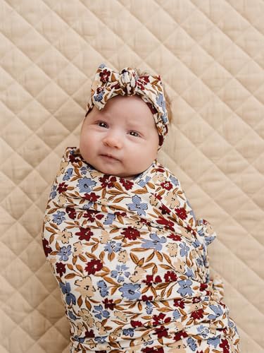Image of Mebie Baby Desert Floral Stretch Swaddle Blanket, Modern and Neutral for Baby Girl or Boy, Soft Rayon and Spandex, 95% Rayon 5% Spandex, Newborn 0-3 Month, Comfy Wrap, 47 inch x 47 inch