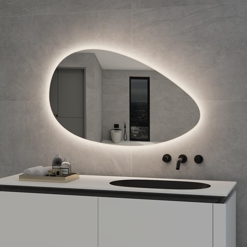 Specchio da bagno asimmetrico con illuminazione, specchio da bagno a LED, 3 colori di luce, specchio da parete semicircolare con interruttore touch, funzione di memoria, anti-appannamento e