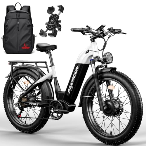 Seemoon Electric Bike for Adults, 52V 20Ah Battery 26' Fat Tire Fast Ebike, up to 105 Miles,Hydraulic Brakes,Off-Road Mountain Hunting Step Thru E Bike for Men Women (Black)