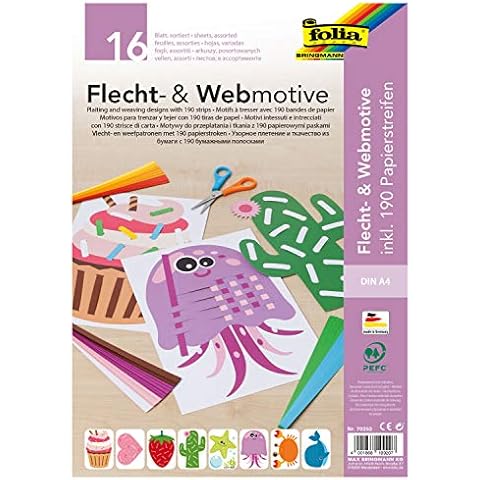 folia 70252 - Flecht- & Webmotive Set, DIN A4, 16 Blatt mit 8 Motiven, inklusive 190 Papierstreifen, kreative Beschäftigung für Kinder Cover