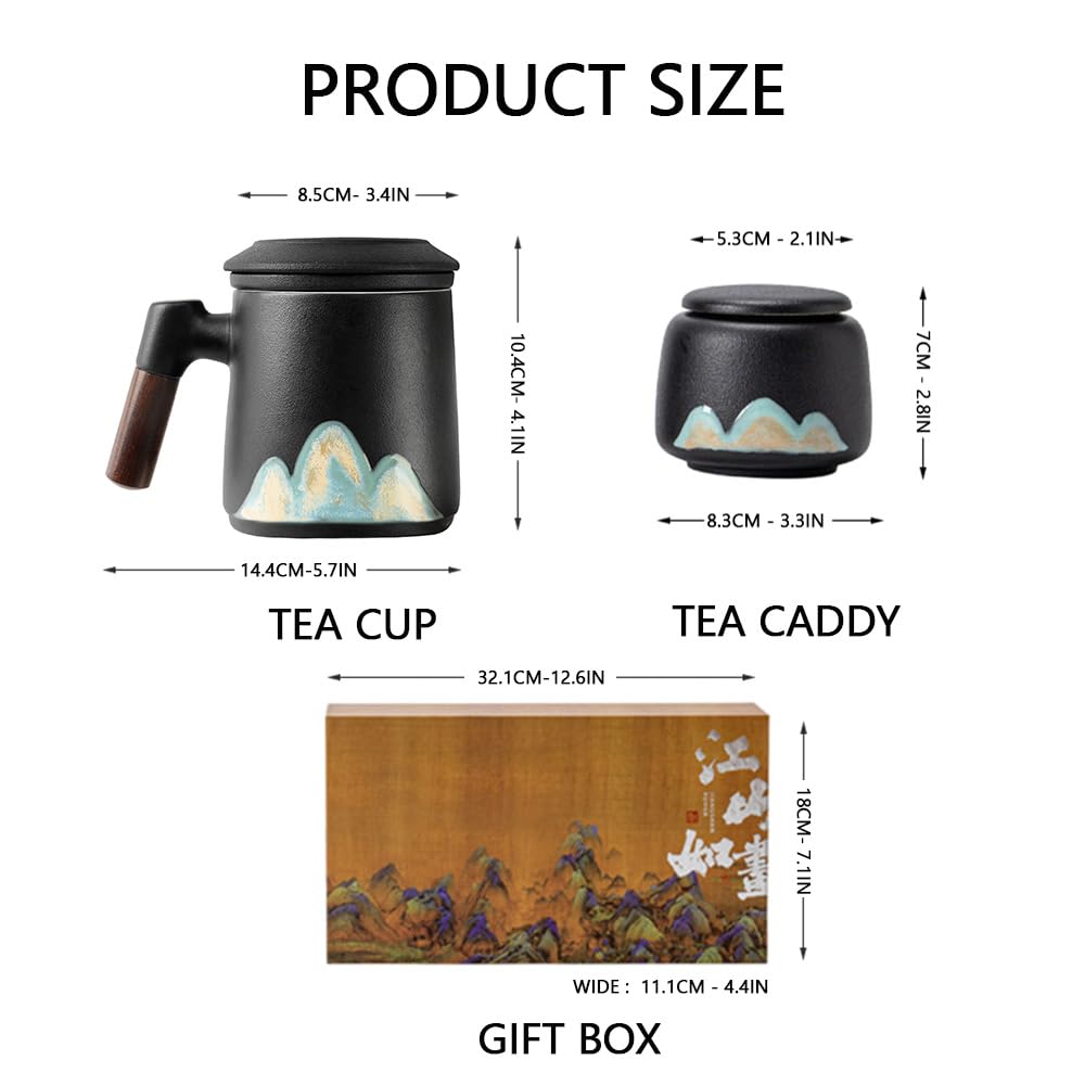 Coolpei Ceramic Tea Mug With Infuser & Lid - Loose Leaf Tea Cup, Wood Handle, Gift Set With Caddy