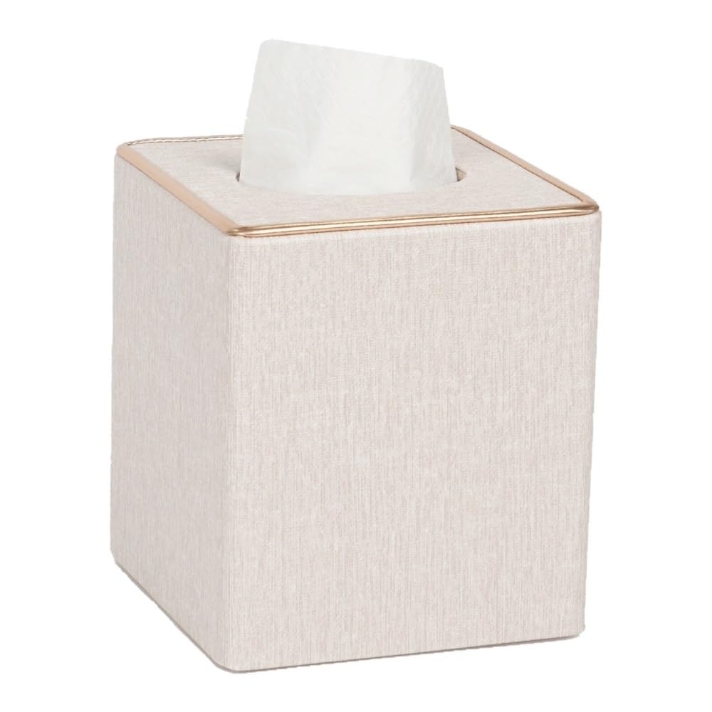 Porta fazzoletti quadrato in lino, organizer decorativo con finiture dorate for bagno, ufficio e casa(White)