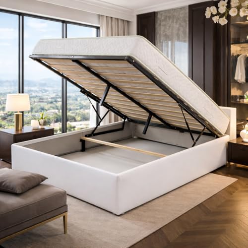 Literie Julien Ensemble Lit Coffre et Matelas 120x200 cm - Couleur : Blanc - Sommier Relevable avec Vérins Hydrauliques - Matelas Haute Densité Confort...