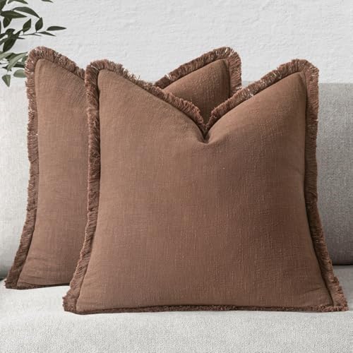 Image of MIULEE Decorative Throw Pillow Covers Neutral Linen Fringe Throw Pillows Euro Shams Set of 2 Dark Coffee Boho Farmhouse Cushion Covers for Couch Sofa Bed Living Room Fall Home Decor 22x22 Inch