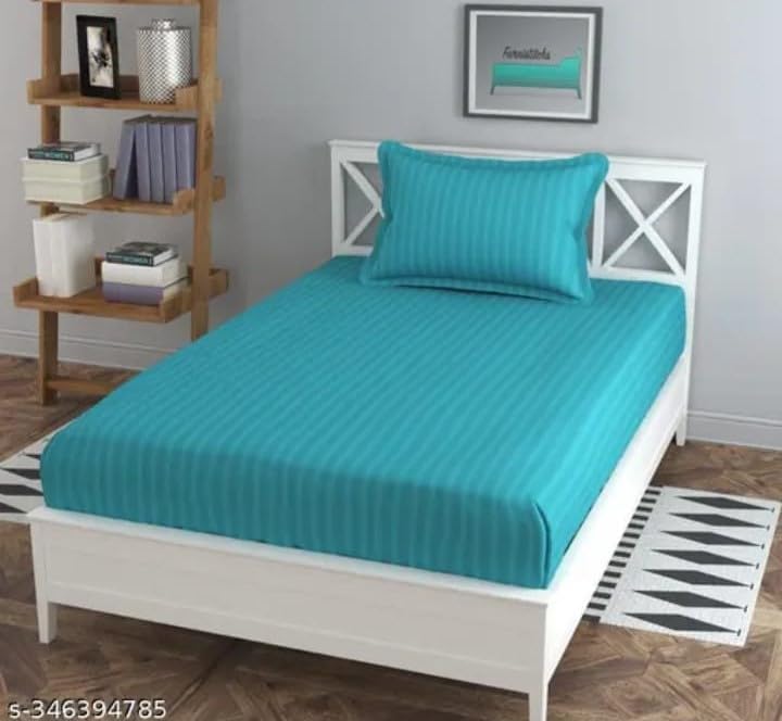 Image of Single Striped Aqua Blue Bedsheet (60 inchx90 inch) with Pillow Cover(18 inch X 28 inch) for Home-Hotel-Guest House-Hostel - Soft, Elegant Microfiber for Ultimate Comfort