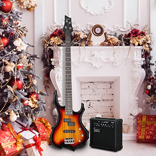 Glarry Electric Bass Guitar 4 Strings Buring Fire Style Hh Pickups For Beginner Adults Right Hand W/ 20W Amp, Bag, Strap And Cord (Sunset) #TOP7