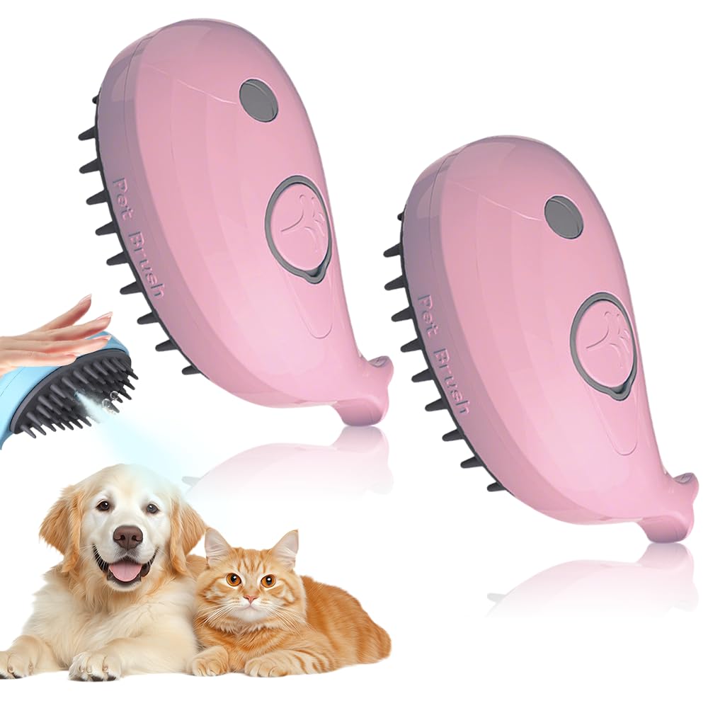 Pet Steamy Brush, Cat Brush with Steam, Multifunctional Pet Hair Spray Comb for Dogs and Cats, Grooming Comb with Steam (B_2PCS Pink)