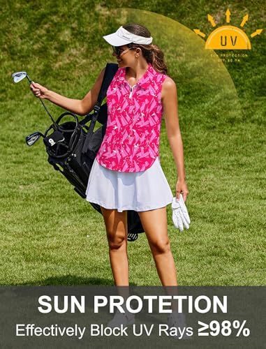Image of PINSPARK Women Golf Shirts Sleeveless UPF 50+ Tennis Polo V-Neck Quick Dry Athletic T Shirt 1 /4 Zip Collar Workout Tank Top