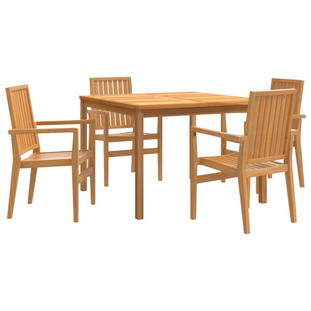 Set di mobili da giardino in legno massello di teak, 110 x 110 cm, 4 sedie impilabili, resistenti alle intemperie, per terrazza, balcone, giardino, 5 pezzi