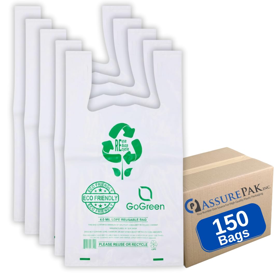 ASSUREPAK White Reusable/Eco-Friendly LDPE T-Shirt - 1/6 BBL 11.5"X6.5"X21" - 150 Bags - 101 Micron (4.0 mil) - White - WHLD40REC4MREU1221