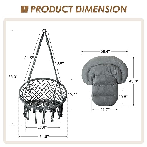 Image of Hammock Chair with Cushion, Handmade Macrame Swing Chair with Hanging Hardware Kits, Bohemian Style Cotton Rope Hanging Chair for Bedroom Indoor Outdoor, Dark Grey