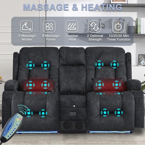 Image of URRED Loveseat Recliner Sofa with Massage and Heat, Power Reclining Loveseat Sofa RV Couch with Console, Home Theater Seating with LED Lights, Bluetooth Speakers, USB, Outlets, Velvet, Dark Grey