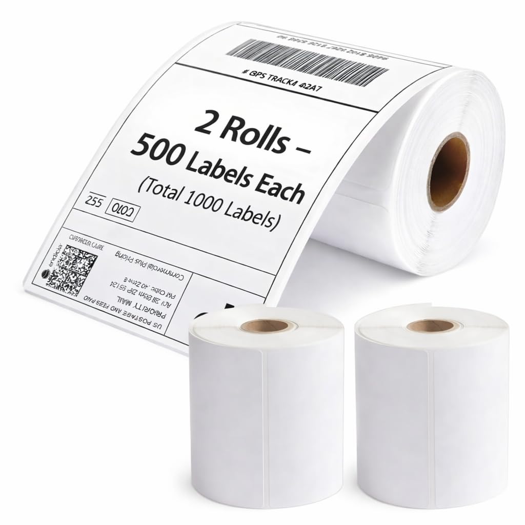Volunx Thermal Shipping Labels Roll, 4x6 Inch, 500 Labels, 100x150mm, Strong Adhesive, Waterproof, BPA-Free, Compatible with Zebra, Dymo 4XL, Rollo, MUNBYN (2 Rolls - 1000 Labels)