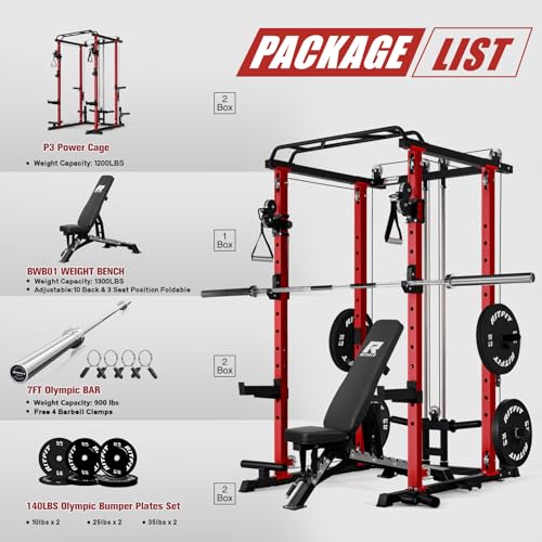 Image of RitFit Multi-Function Garage & Home Gym Package Includes 1200LBS Power Cage PPC03 /P3 with Cable Crossover System, Weight Bench, Olympic Barbell Weight Set, Full Body Workout