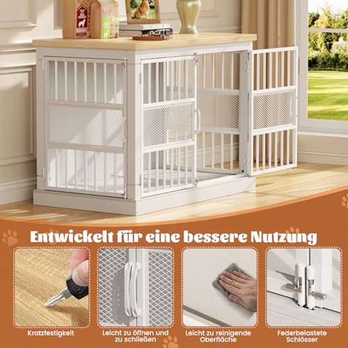 Hundekäfig Möbel, 104 cm Großer Hundebox für den Hausgebrauch, Modernes Indoor Holz-Hundekäfig, Doppel-Tür-Design, Bissfest, Geeignet für Kleine/Mittelgroße/Große Hunde, Weiß, 104x51x78 cm