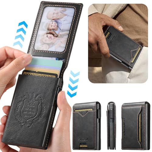 HAII for Slim Metal Slot Leather Wallet for Men, Pop-Up Design, Holds 9 Cards, Minimalist Pocket Wallet (Wax Oil Black)3