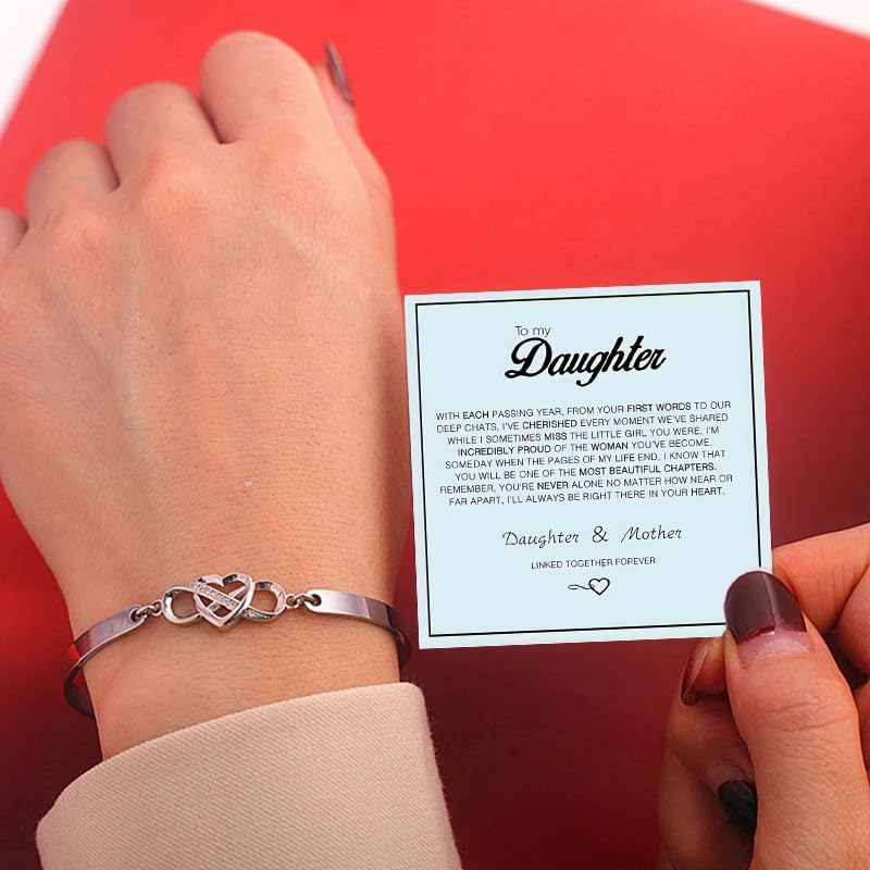 To My Daughter-Infinity Forever Love Heart Bracelet, Always My Daughter Forever My Friend Stainless Steel Engraved Bangle Bracelets From Mom Cubic Zirconia Adjustable Inspirational Gift Jewelry - Image 2