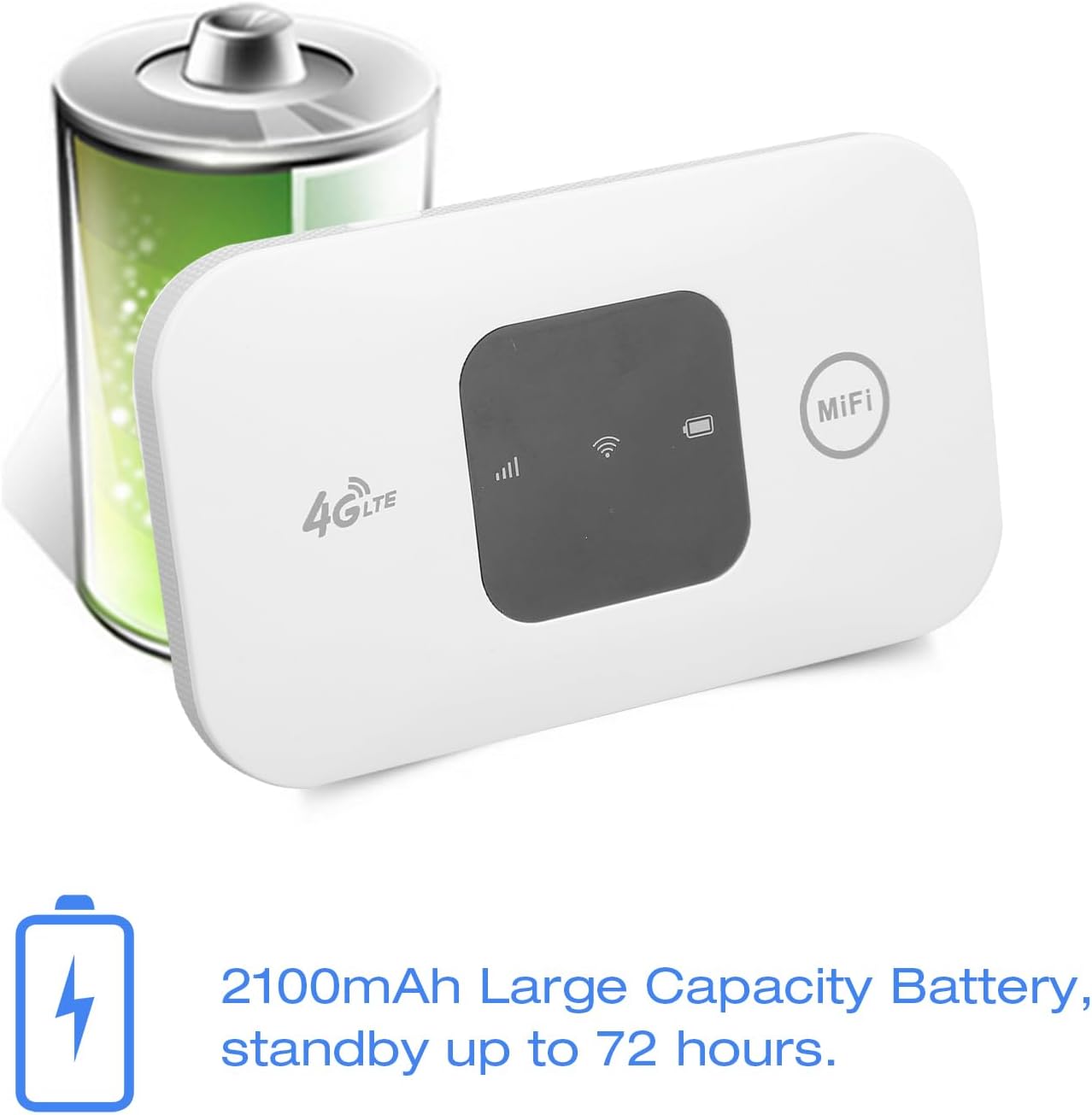 ASHATA MF800-2 router with a large battery icon, indicating 2100mAh capacity and up to 72 hours standby.