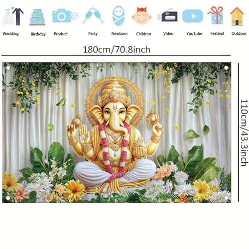 Saoplasa Ganesh Backdrop Banner Green Yellow Floral Festival Photography Background Hindu Ganesha Decoration Mandala God Celebration Religious Ceremony Party Supplies Photo Booth Props 71x43 Inch by Saoplasa - Used condition - Image 6