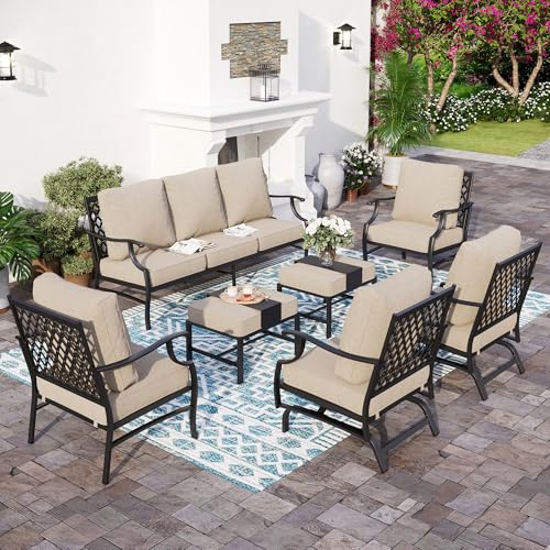 SUNSHINE VALLEY Patio Furniture Set, Modern Metal Outdoor Patio Furniture, 3 Seater Sofa, 2 Fixed Chairs, 2 Rocking Chairs, 2 Ottomans and 5.75" Extra Thick Cushion, Patio Conversation Set for Garden