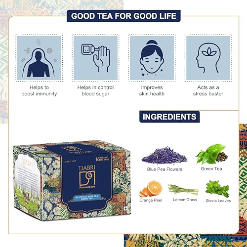 Image of Dabri Blue Flower Butterfly Pea Green Tea 16 pyramid Dip Tea Bags |Natural Loose Leaves with Blue Flower Herbal Blend |Farm Fresh |Rich in Antioxidants |Helps Regulate Blood Sugar|Hair & Skin Health