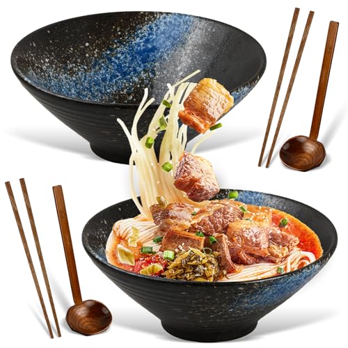 Mapille 2 Juegos Tazón de Ramen Japonés, 2 x 1000ml Ramen Bowl De Cerámica con Palillos y Cuchara, Ensaladeras, Tazones de Sopa de Fideos para Ensalada Frutas, Verduras, Fideos, cereales, sopa (A)