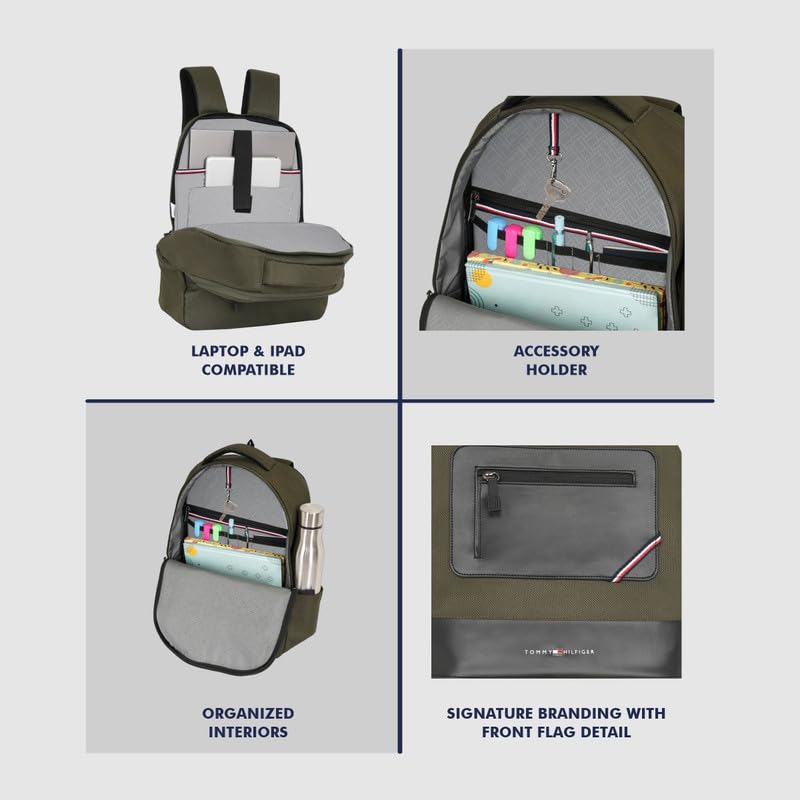 Image of Tommy Hilfiger Unisex Backpack Blackburn - Olive+Black | Water-Resistant | Padded Laptop Sleeve | Trolley Holder | Stylish & Trendy Backpack For Daily Use, Office, Work & Travel | 20L Capacity