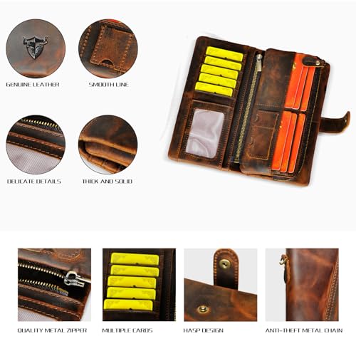 Image of Genuine Crazy Horse Leather Travel Gift Coin Pocket Card Case Long Organizer Chain Rfid Wallet Purse With Snap For Men Male 1803 1815 (1803 Brown-No Chain)