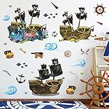 4 Sheet Pirate Ship Wall Sticker Shipwreck Wall Decal DIY Self-Adhesive Waterproof Waves Treasure Fish Hook Pearl Coral Reef Wall Art Decoration for Bathroom Kids Boys Bedroom Playroom Nursery