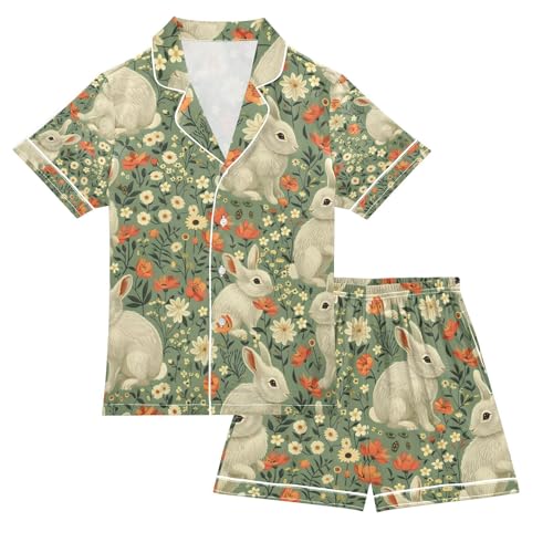 senya Flower Rabbit Red C Satin Summer Pajama Sets Silk Short Sleeve Button Down Sleepwear