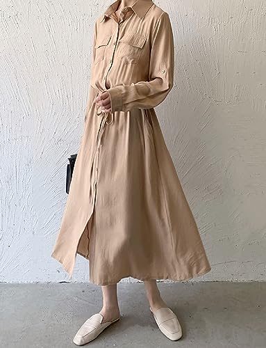 Image of Women Roll-Up Long Sleeve Button Down Shirt Midi Dress