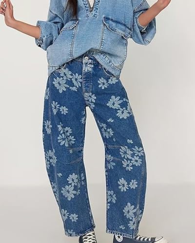 Women Barrel Jeans Casual Wide Leg Baggy Daisy Printed Pants Y2k Boyfriend Mid Rise Denim Ankle Pants2