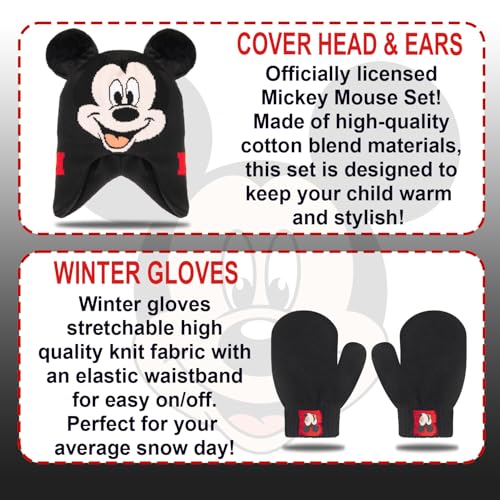 Mickey Mouse 2 Pc. Hat and Snow Gloves Set for Boys and Toddlers, Kids Warm Pom-Pom Beanie and Cute Red Mittens2