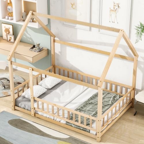 Miniatura 11 de Cama de suelo de tamaño matrimonial con valla para niños pequeños, cama Montessori con techo de casa, marco de cama de piso de madera matrimonial